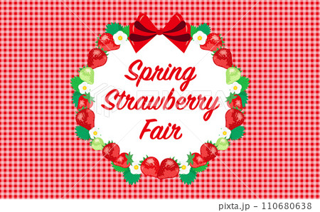 いちごフェアに最適ないちごやイチゴの花や苺の葉が描かれたコピースペースのある背景フレームの春素材 110680638