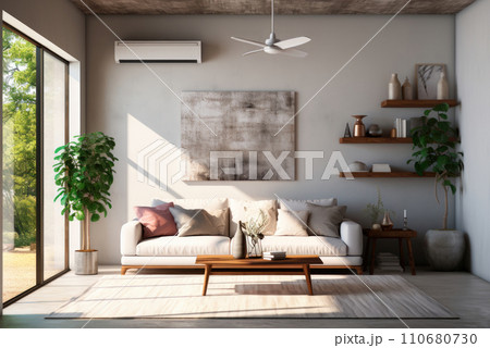 Stylish modern interior of the living room with a sofa with pillows, air conditioning on the wall and potted indoor flowers, a large panoramic window Stylish modern interior of the living room with a sofa with pillows, air conditioning on the wall and potted indoor flowers, a large panoramic window 110680730