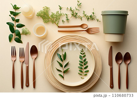 Set of kitchen utensils on the table in natural colors 110680733
