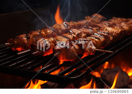 Generative AI Kebab roasting on a grill with fire generated by AI 110680865