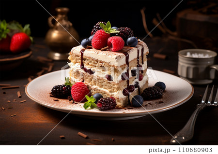 Generative AI tiramisu cakes with berries close up deliccious generated by AI 110680903