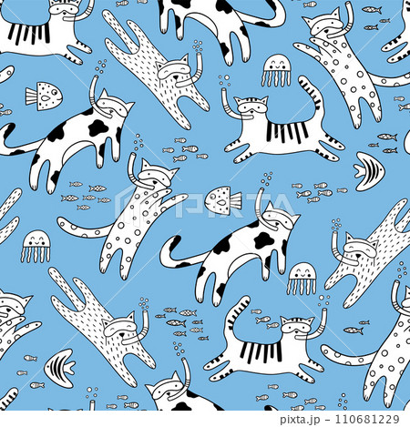 Childish seamless pattern with cats and fish on a blue background. Can be used for fabric, wallpaper, textile, print. 110681229