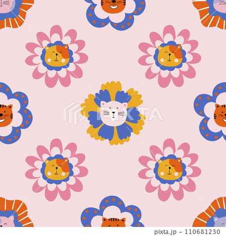 Nursery seamless pattern with cats and flowers. Vector modern background. It can be used for apparel, wallpaper and textiles. Nursery seamless pattern with cats and flowers. Vector modern background. It can be used for apparel, wallpaper and textiles. 110681230