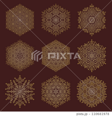 Set of Round Vector Snowflakes With Winter Ornament. Collection of Snowflakes in Different Styles 110681978