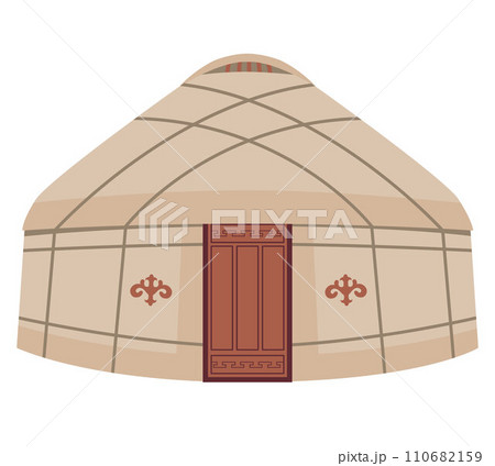 Yurt with national ornament. Vector illustration isolated on white background. National dwelling of the nomadic peoples of Asia. Traditional house for the inhabitants of Mongolia Kazakhstan Kyrgyzstan 110682159