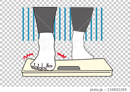 A woman gingerly steps on a scale 110682269