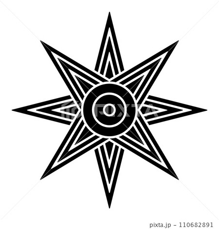 Star of Ishtar or Inanna, or also Star of Venus is usually depicted with eight points. Symbol of ancient Sumerian goddess Inanna, and her East Semitic counterpart Ishtar. Black and white illustration. 110682891