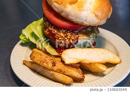 お皿に盛り付けられた淡路島バーガー お皿に盛り付けられた淡路島バーガー 110683049
