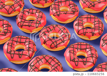 Trendy sunlight Summer pattern made with glazed donut with sprinkles on a violet Trendy sunlight Summer pattern made with glazed donut with sprinkles on a violet 110683256
