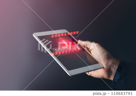 Businessman using tablet with red warning alert screen. System alert for virus,spam,scam and phishing. Cyber security, data security system concept. 110683791