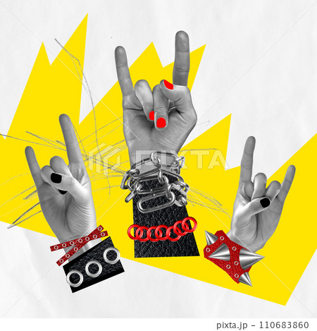 Advertisement for a documentary on the cultural impact of rock music through the decades. Multiple hands making the rock n' roll sign with a vibrant abstract background 110683860