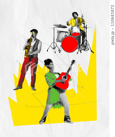 Promotional image for a multi-genre music festival with different musicians. Cover art for an album featuring a mix of jazz, rock, and acoustic tracks. 110683872