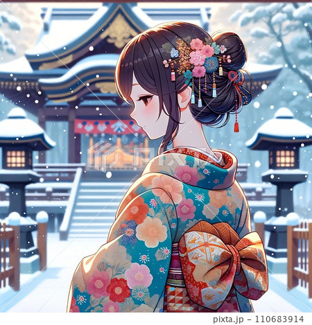 初詣に来た着物美人の振り返り図【AI生成画像】 110683914