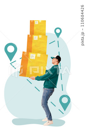 Contemporary art collage. Person in casual attire carrying stacked packages with location pin graphics in background. Contemporary art collage. Person in casual attire carrying stacked packages with location pin graphics in background. 110684426