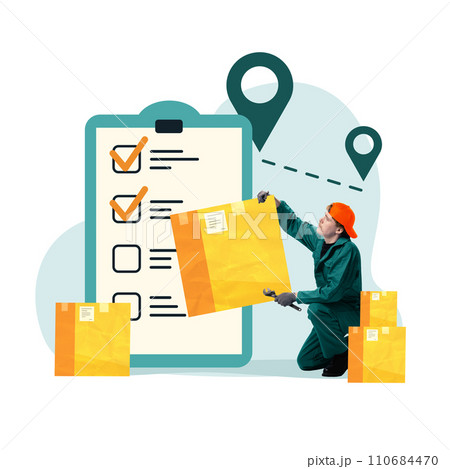 Contemporary art collage. Delivery personnel checking package against large checklist against background with location pins. Contemporary art collage. Delivery personnel checking package against large checklist against background with location pins. 110684470