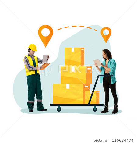 Contemporary art collage. Male worker with clipboard and female with tablet beside stack of boxes and location icons. Contemporary art collage. Male worker with clipboard and female with tablet beside stack of boxes and location icons. 110684474