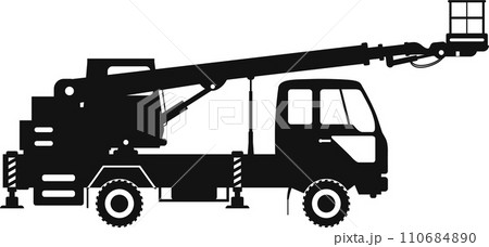 Silhouette of Aerial Work Platform Bucket Truck Icon in Flat Style. Vector Illustration 110684890