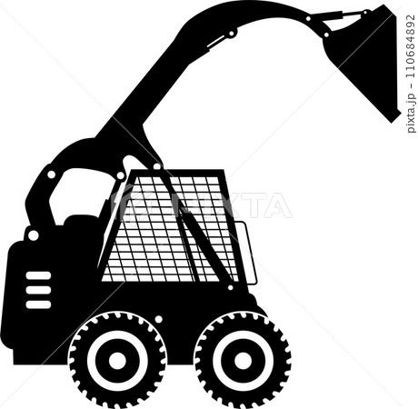 Silhouette of Compact Skid Steer Loader with Bucket and Wheels Icon in Flat Style. Vector Illustration Silhouette of Compact Skid Steer Loader with Bucket and Wheels Icon in Flat Style. Vector Illustration 110684892