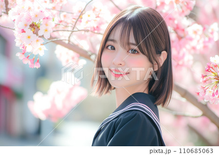 桜並木と新入生 入学卒業イメージ 女の子「AI生成画像」 110685063