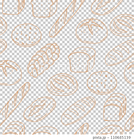 Hand drawn seamless pattern with different type of bread. Baked goods background. Design for bakery, home textile 110685139