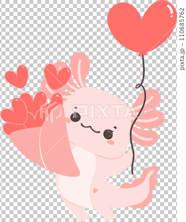 Cute Axolotl Valentine with heart cartoon hand drawing 110685762