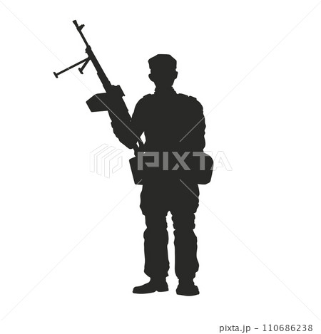 Isolated silhouette of a soldier with a machine gun. Black drawing of a gunner with a weapon. Veteran portrait of special force 110686238