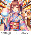 夏祭りで綿菓子食べる少女【AI生成画像】 110686278