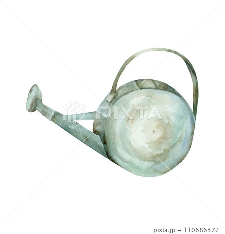 Vintage watering can illustration. Watercolor hand drawn garden tool for flowers pouring, clip art for florist shop label, logo design 110686372