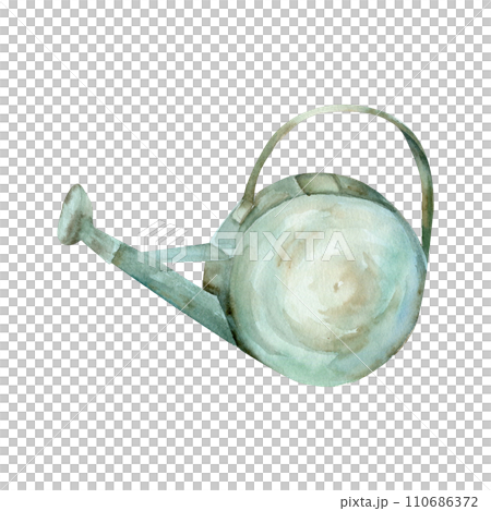 Vintage watering can illustration. Watercolor hand drawn garden tool for flowers pouring, clip art for florist shop label, logo design 110686372
