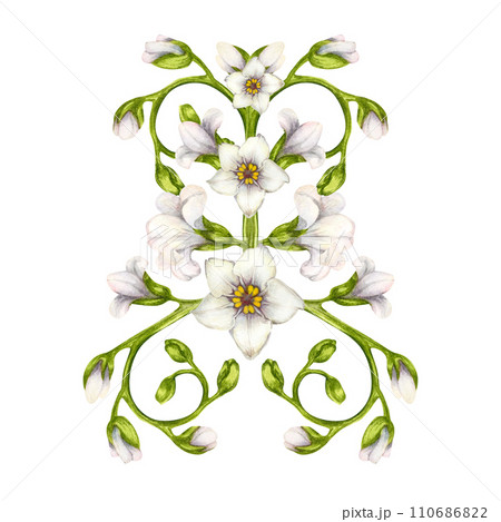 Beautiful watercolor bouquets of white forget-me-nots, made in the form of vignettes for Easter, wedding bouquets, Mother's Day, Father's Day, Valentine's Day, birthday, spring and summer bouquets 110686822