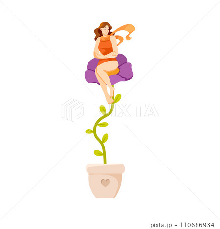 Happy Girl Sit on Top of Flower Growing on Stem in Pot Vector Illustration 110686934