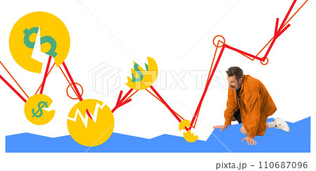 Contemporary art collage. Graph went down and destroyed all savings of man who on his knees and screaming in despair. Contemporary art collage. Graph went down and destroyed all savings of man who on his knees and screaming in despair. 110687096