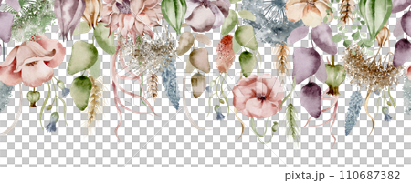Delicate and airy watercolor seamless border depicting a field of meadow flowers floating on a white background. Ideal for adding whimsical charm to your surfaces, fabrics, wrapping paper and cards. 110687382