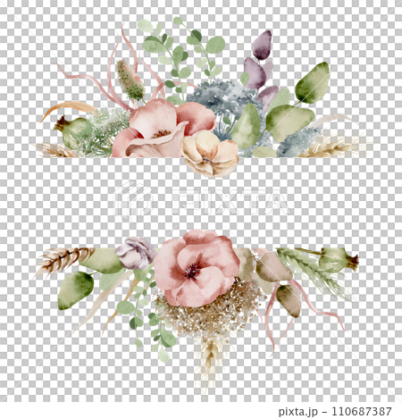 A vibrant watercolor frame of soft pink and purple flowers, delicate greenery and subtle brush strokes. This versatile frame is perfect for invitations, weddings, greeting cards, branding and more. 110687387