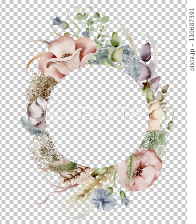 Delicate watercolor wreath of pink and purple flowers with green leaves arranged in a symmetrical circle on a white background. Image for wedding invitations and cards. Notes of elegance and romance. Delicate watercolor wreath of pink and purple flowers with green leaves arranged in a symmetrical circle on a white background. Image for wedding invitations and cards. Notes of elegance and romance. 110687391