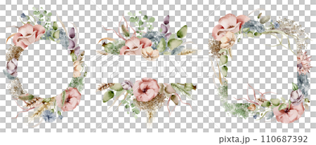 Set of watercolor frames decorated with bright meadow flowers and leaves on a white background. Rich colors create a feeling of lush. Perfect for any invitation or greeting card. 110687392