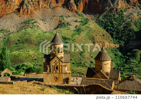 Aerial view of Noravank Monastery, an orthodox church with beautiful architecture. Areni, Vayots Dzor Province, Armenia. 110687744