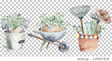 This watercolor illustration captures the tranquility of gardening. Green leaves in a wheelbarrow, bucket and basket. Set of vintage garden tools. An idea for gardeners and interior designers. This watercolor illustration captures the tranquility of gardening. Green leaves in a wheelbarrow, bucket and basket. Set of vintage garden tools. An idea for gardeners and interior designers. 110687816