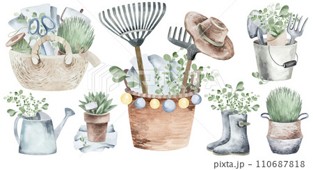 This watercolor painting depicts a collection of gardening tools. Soft shades create a cozy scene. This image is ideal for illustrating articles, websites or publications about gardening. This watercolor painting depicts a collection of gardening tools. Soft shades create a cozy scene. This image is ideal for illustrating articles, websites or publications about gardening. 110687818