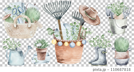 This watercolor painting depicts a collection of gardening tools. Soft shades create a cozy scene. This image is ideal for illustrating articles, websites or publications about gardening. This watercolor painting depicts a collection of gardening tools. Soft shades create a cozy scene. This image is ideal for illustrating articles, websites or publications about gardening. 110687818