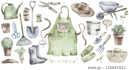 Vintage collection of garden tools illustrated with watercolors. The kit includes a watering can, trowel, gloves, seeds and much more. Ideal for adding a touch of whimsy to your garden projects. 110687821