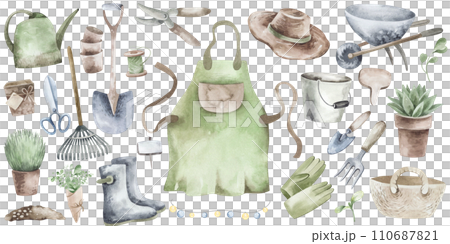 Vintage collection of garden tools illustrated with watercolors. The kit includes a watering can, trowel, gloves, seeds and much more. Ideal for adding a touch of whimsy to your garden projects. 110687821