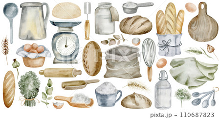 This watercolor painting features a collection of baking, bread and food tools. Each element has a charming, rustic style. Suitable for culinary projects, marketing materials. 110687823