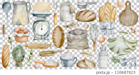 This watercolor painting features a collection of baking, bread and food tools. Each element has a charming, rustic style. Suitable for culinary projects, marketing materials. 110687823