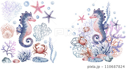 Vibrant watercolor illustration reflects the diversity of underwater life. Majestic seahorses, crabs and colorful starfish dance among delicate coral reefs. The magic of the ocean in any project. Vibrant watercolor illustration reflects the diversity of underwater life. Majestic seahorses, crabs and colorful starfish dance among delicate coral reefs. The magic of the ocean in any project. 110687824