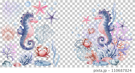 Vibrant watercolor illustration reflects the diversity of underwater life. Majestic seahorses, crabs and colorful starfish dance among delicate coral reefs. The magic of the ocean in any project. Vibrant watercolor illustration reflects the diversity of underwater life. Majestic seahorses, crabs and colorful starfish dance among delicate coral reefs. The magic of the ocean in any project. 110687824
