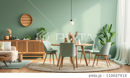 デザイナー家具と室内緑を備えたモダンでおしゃれなダイニングスペース。リラックスできる雰囲気。 デザイナー家具と室内緑を備えたモダンでおしゃれなダイニングスペース。リラックスできる雰囲気。 110687918