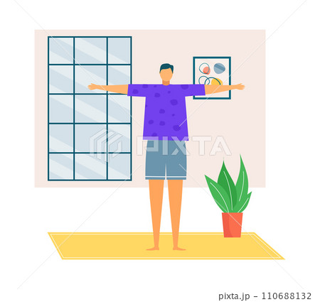 Young man stretching arms wide open indoors. Person doing morning exercises at home. Wellness routine and home workout vector illustration. Young man stretching arms wide open indoors. Person doing morning exercises at home. Wellness routine and home workout vector illustration. 110688132