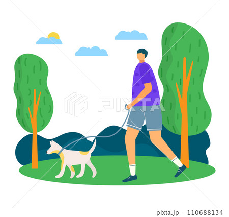 Person walking a dog in the park during daytime. Casual stroll with pet in natural setting. Leisure activity and pet care vector illustration. Person walking a dog in the park during daytime. Casual stroll with pet in natural setting. Leisure activity and pet care vector illustration. 110688134