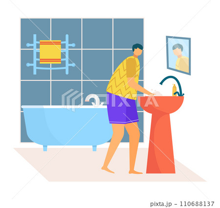 Man washing hands in bathroom sink. Casual male hygiene routine at home bathroom. Daily handwashing and personal care vector illustration. Man washing hands in bathroom sink. Casual male hygiene routine at home bathroom. Daily handwashing and personal care vector illustration. 110688137